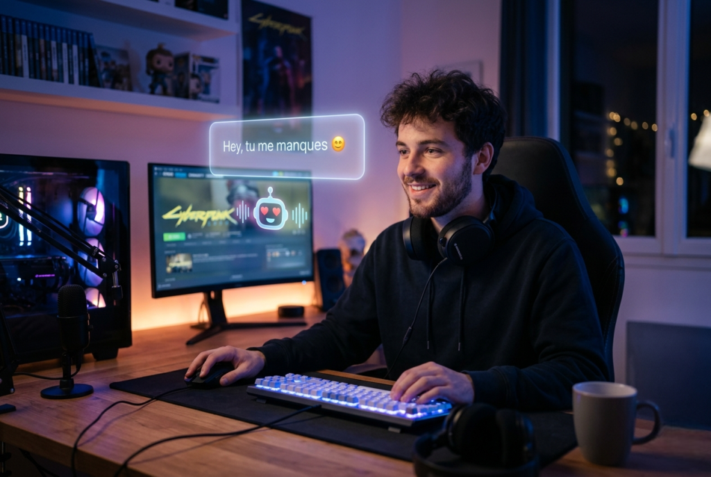 Homme gamer avec casque autour du cou dans une pièce éclairée RGB, recevant une notification lumineuse d’une IA disant “tu me manques”