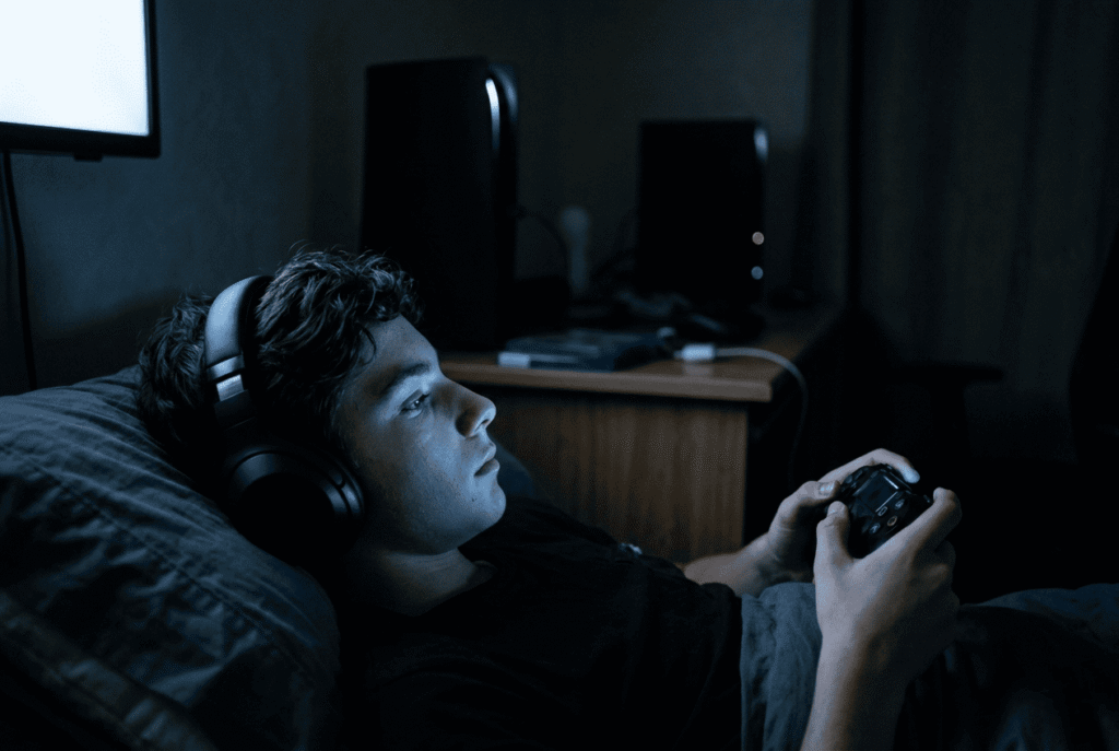 Adolescent jouant seul la nuit dans son lit, casque audio sur les oreilles, manette en main, visage éclairé par l’écran, console de jeux visible sur le bureau à côté.