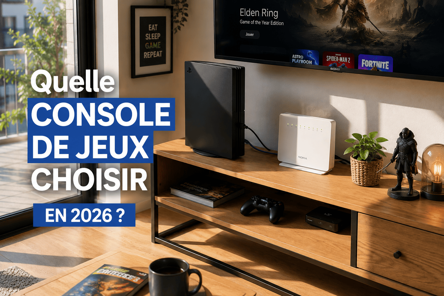 Console de jeux posée sur une étagère en bois à côté d’un routeur et d’un câble Ethernet branché, salon lumineux avec lumière naturelle venant d’une baie vitrée.
