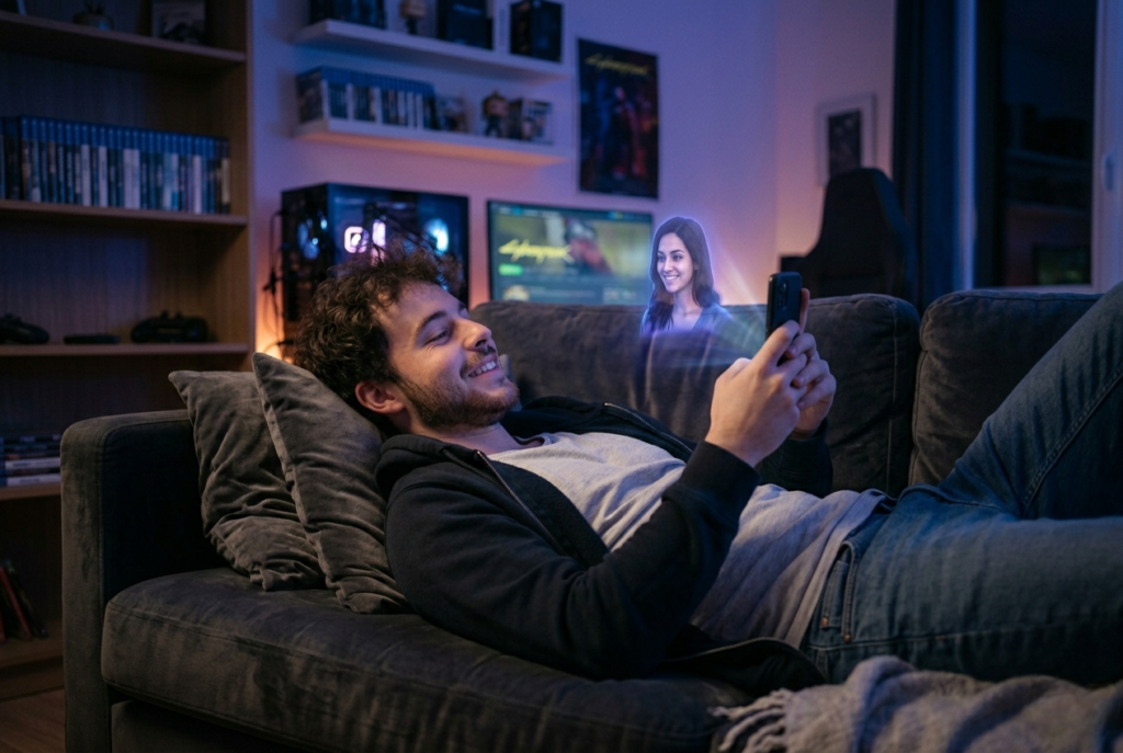 Homme allongé sur un canapé dans un appartement sombre, discutant via hologramme avec une petite amie IA, expression heureuse et détendue