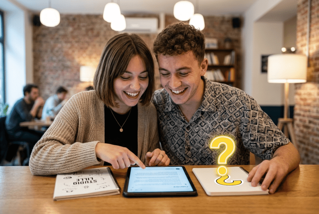 Étudiants souriants partageant une tablette Gemini, un exemple concret de comment utiliser l'IA en collaboration.