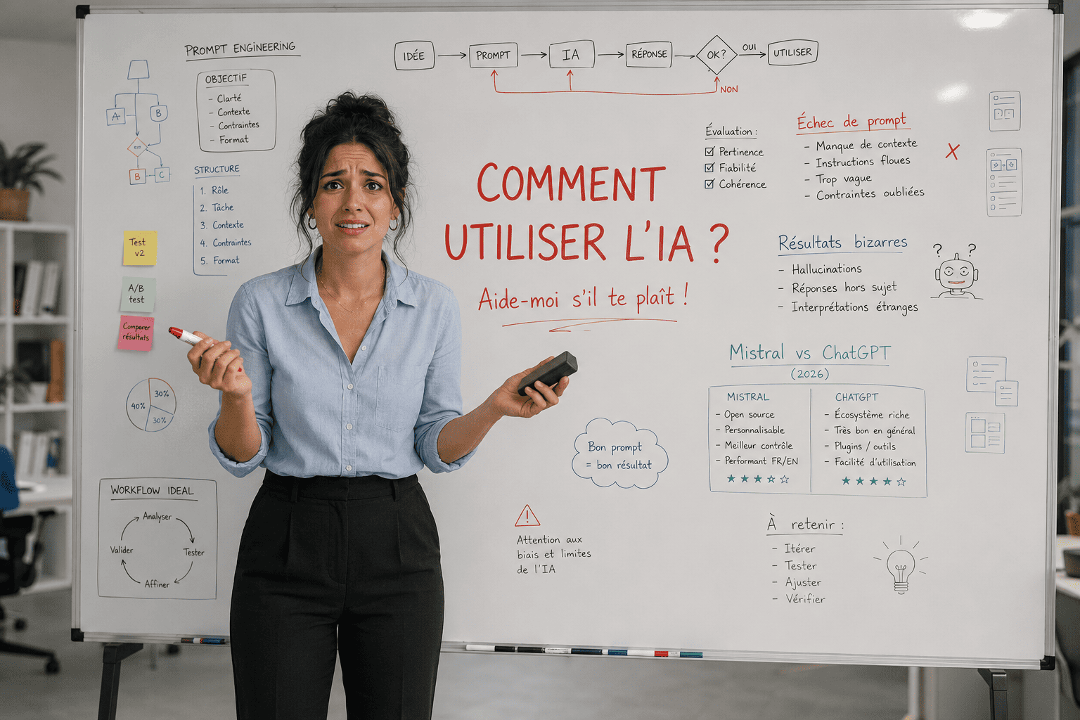 Femme désespérée devant un tableau blanc listant des erreurs de prompt, pour un guide sur comment utiliser l'IA efficacement.