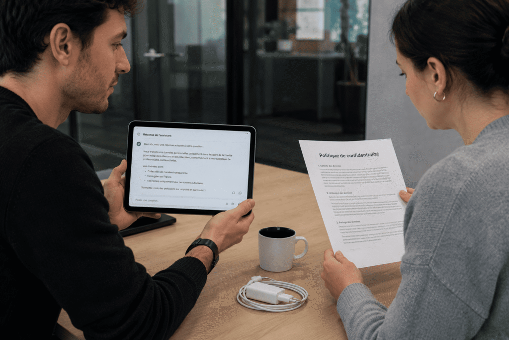 Réunion professionnelle pour choisir son chatbot IA – tablette affichant une réponse et document politique de confidentialité