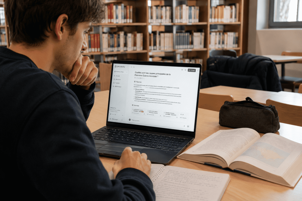 Étudiant utilisant Perplexity AI en bibliothèque – citations et notes manuscrites – aide à choisir son chatbot IA pour la recherche