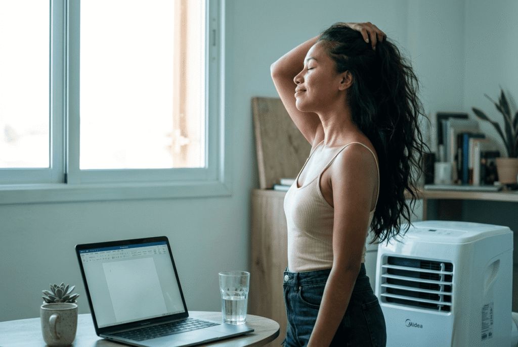 Femme en débardeur soulevant ses cheveux pour recevoir la brise fraîche d'un climatiseur mobile puissant pendant une canicule.