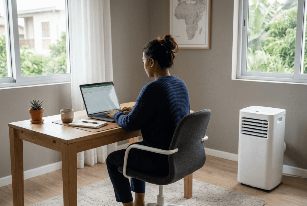 Femme en télétravail travaillant sur son ordinateur au frais grâce à un climatiseur mobile orienté vers son bureau.