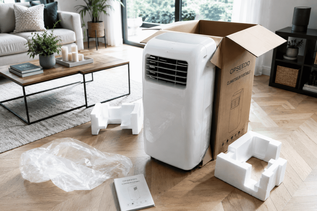 Climatiseur mobile blanc brillant en cours de déballage dans un salon lumineux au sol en parquet avec son carton d'emballage.