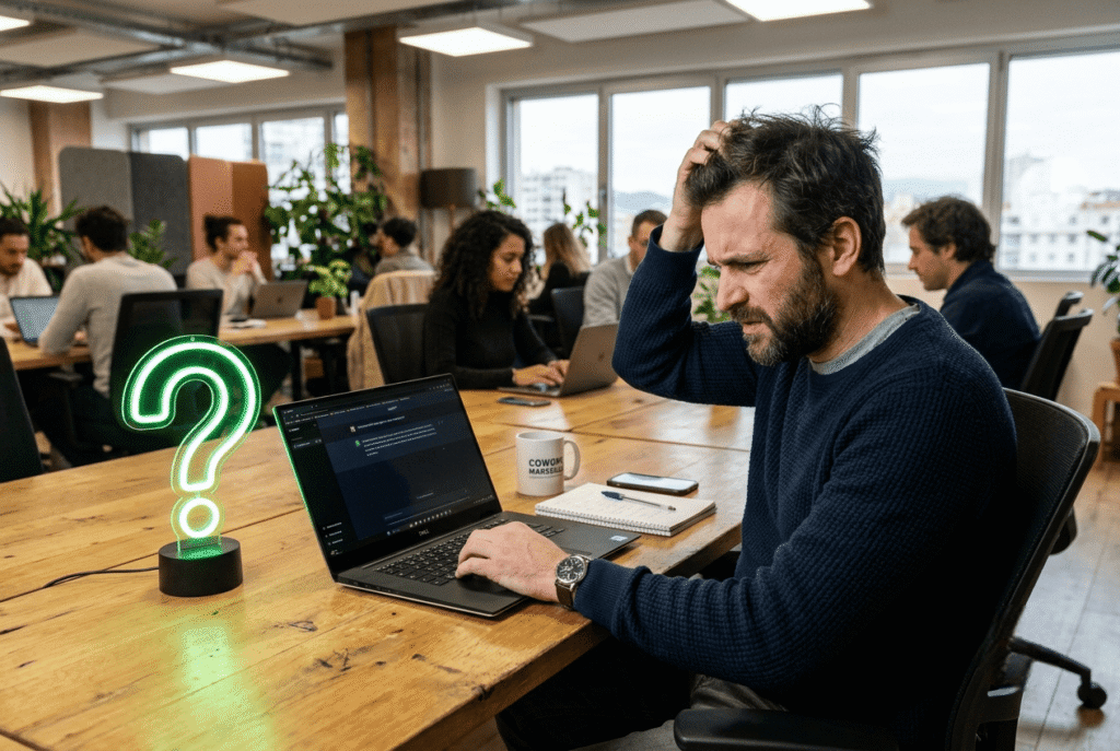Homme dépassé par ChatGPT dans un coworking, illustrant les difficultés pour bien utiliser l'IA au bureau.