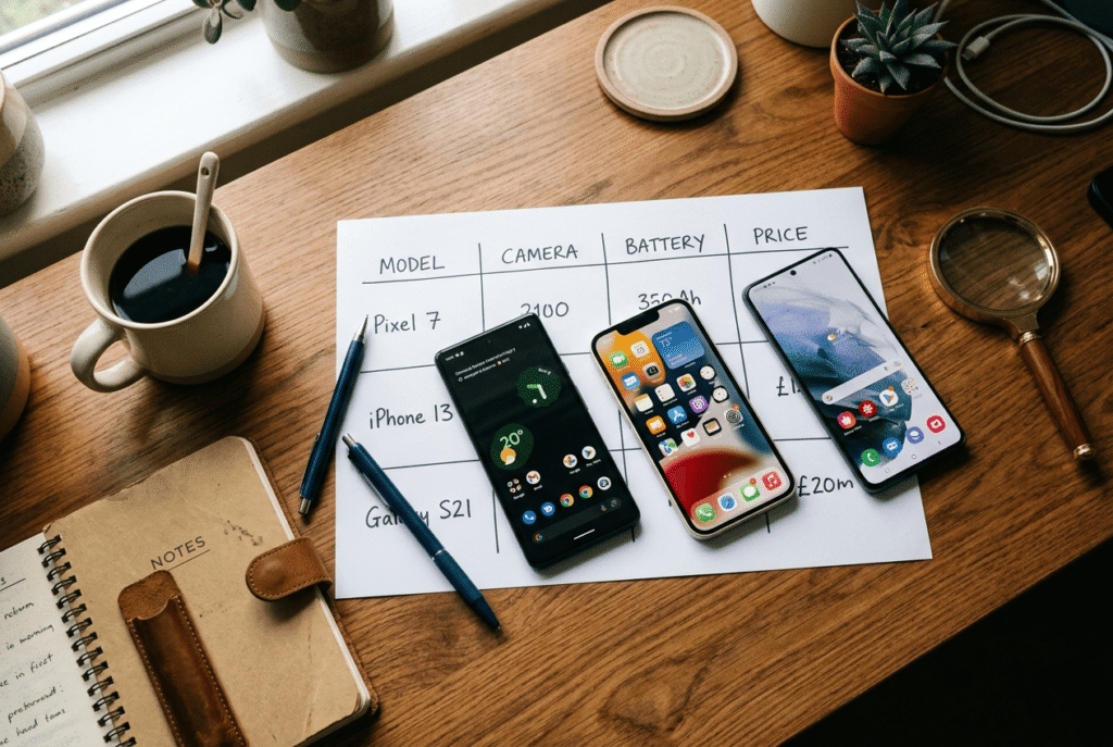 Vue du dessus d’un bureau avec un tableau comparatif imprimé des meilleurs smartphones listant modèles, photo, autonomie et prix.