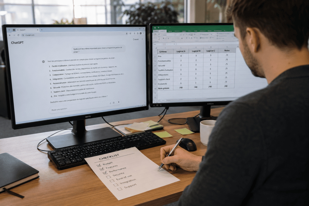 Comparatif ChatGPT et tableau Excel de critères pour choisir son chatbot IA – utilisateur cochant des cases