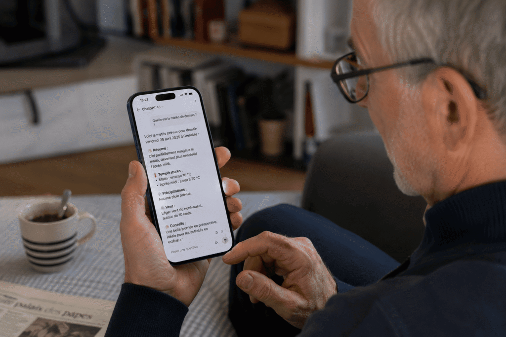 Senior utilisant un chatbot IA sur smartphone en français – question météo – démontre l’usage grand public pour choisir son assistant