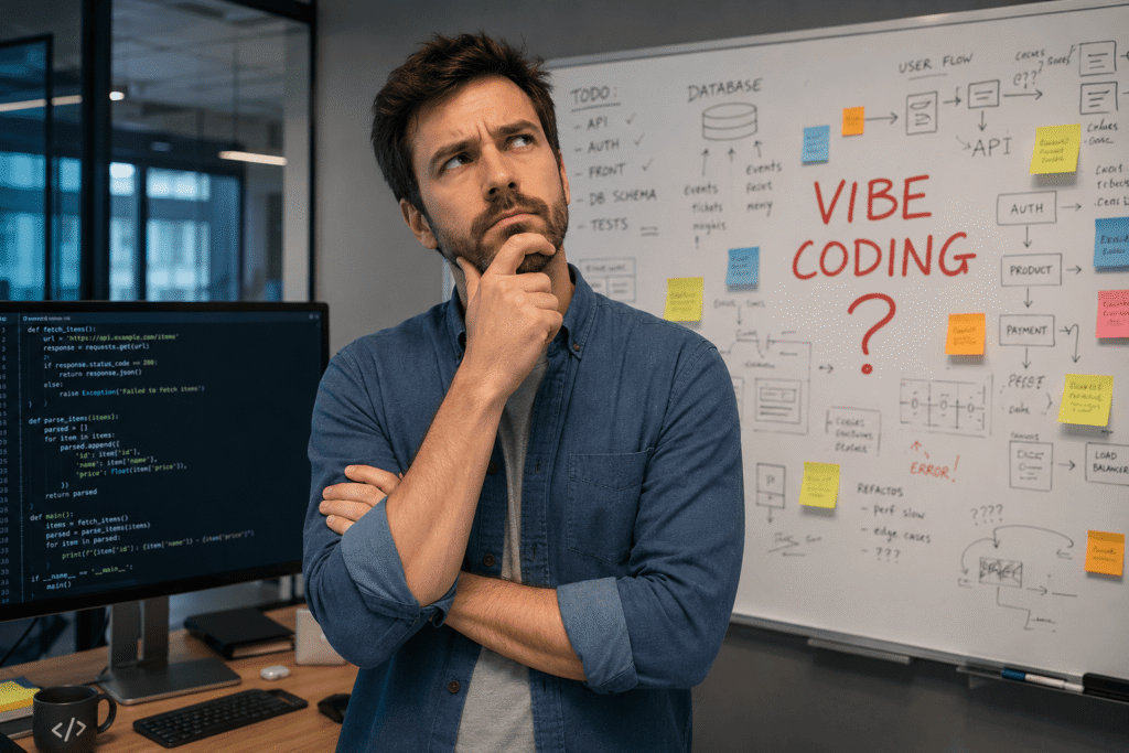 Employé en chemise à manches retroussées, debout dans une salle de réunion, regarde le plafond d’un air perplexe, la main sur le menton. Derrière lui, un tableau blanc avec des post-it et l’inscription « VIBE CODING ? » en rouge.