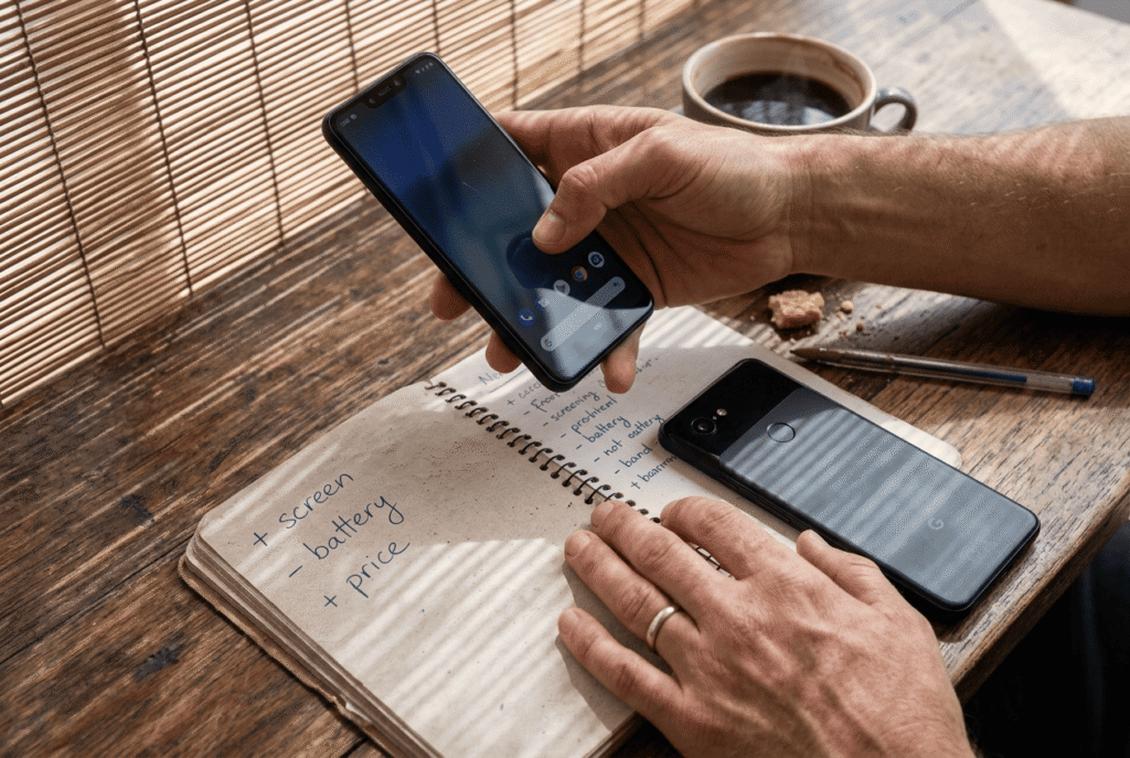 Gros plan sur une main tenant un smartphone, une autre main posée sur un carnet avec les mentions « + écran », « - autonomie », « + prix ».
