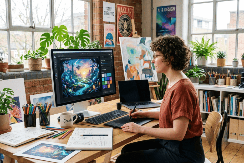 Écran de designer affichant un générateur d'images IA gratuit en cours de création visuelle dans un studio créatif.