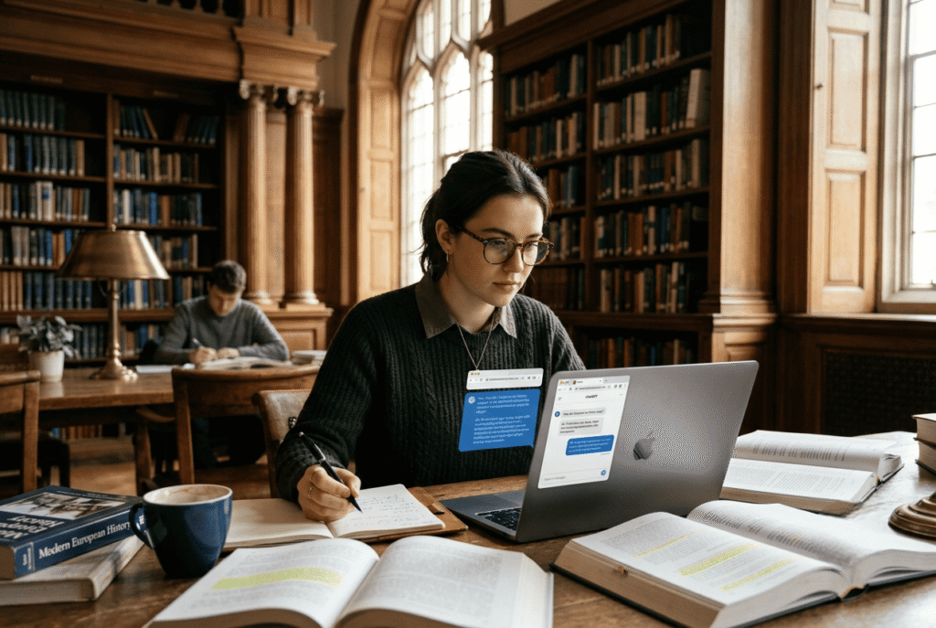 Étudiant concentré sur son ordinateur portable utilisant une IA gratuite pour résumer ses cours dans une bibliothèque universitaire.