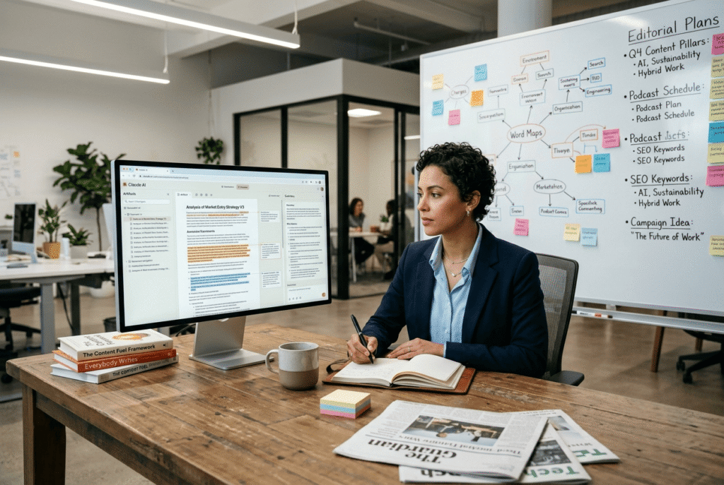Rédacteur professionnel analysant un texte long et des documents complexes à l'aide d'un assistant IA de rédaction.