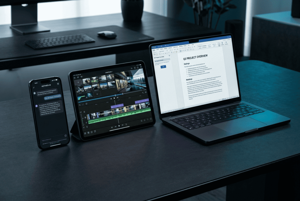 Différents appareils numériques affichant des applications d'IA gratuites pour créer des vidéos, écrire et effectuer des recherches en ligne.