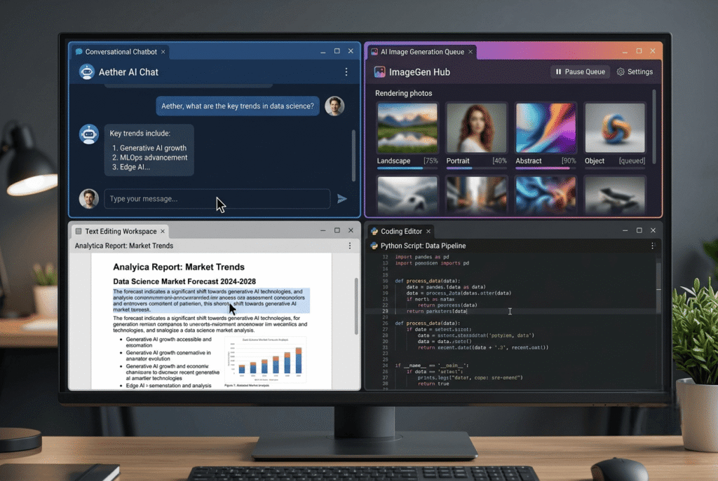 Écran d'ordinateur divisé affichant plusieurs outils d'intelligence artificielle exécutant du code, du texte et des images en simultané.