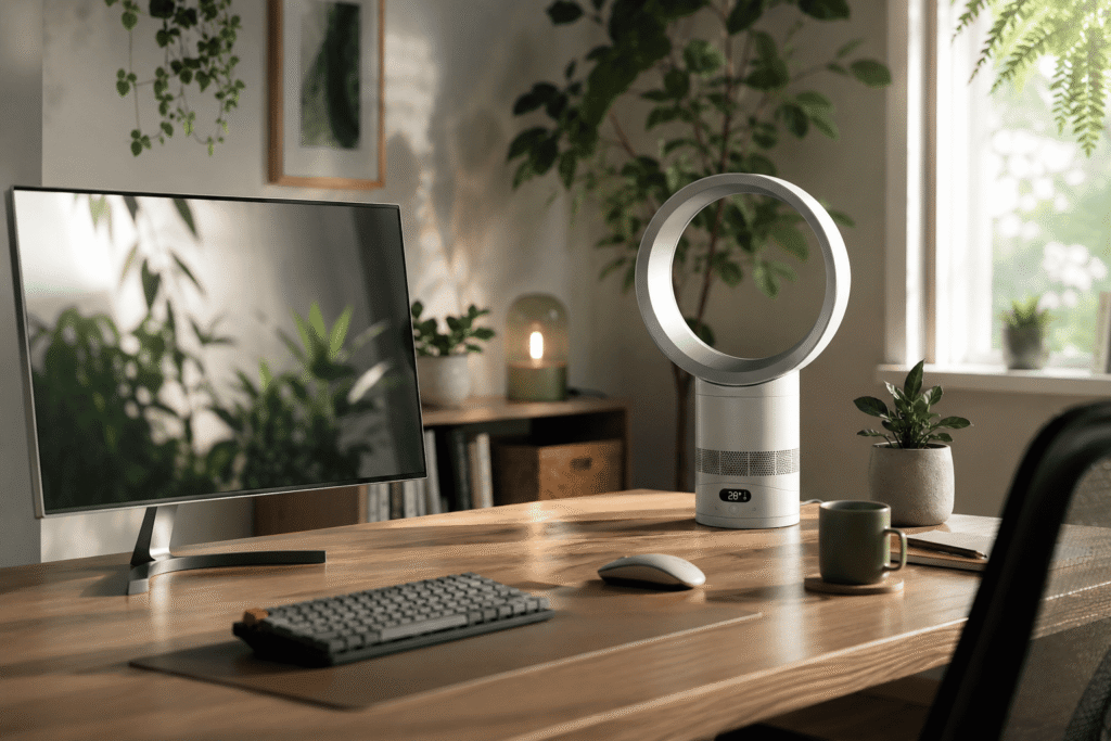 Bureau végétalisé avec purificateur d'air Dyson