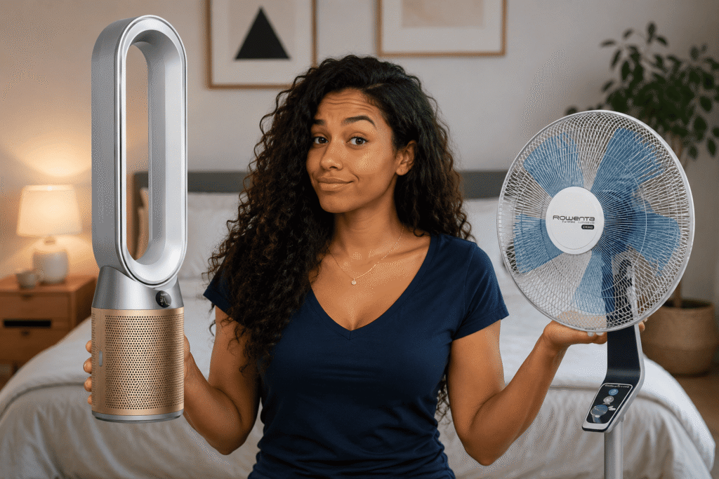 Une femme qui hésite entre un ventilateur Dyson et un ventilateur classique
