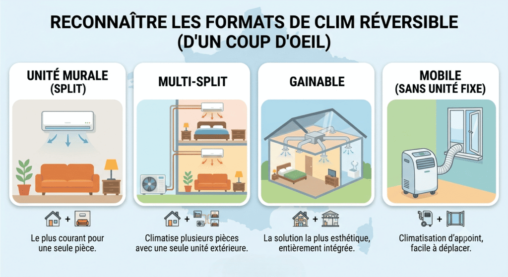 Infographie qui montre les différents formats de clim réversible