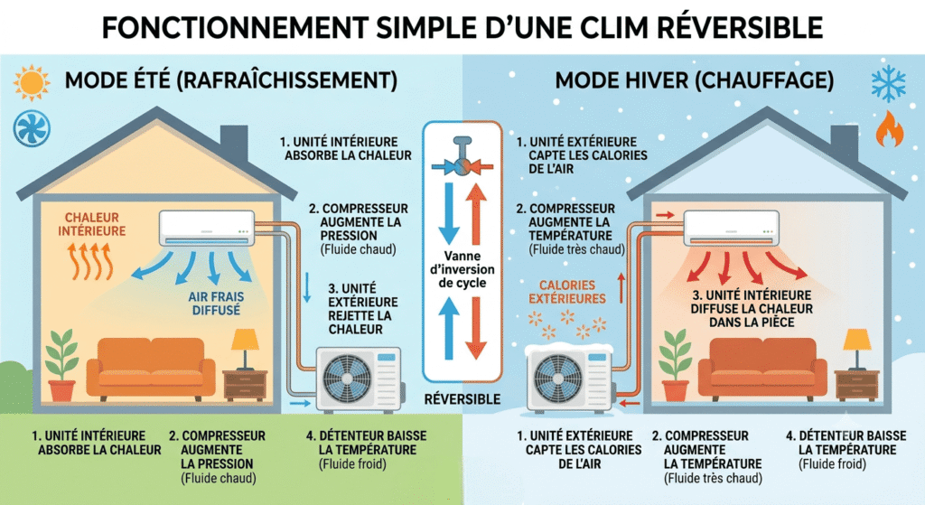Infographie qui décrit le fonctionnement d'un clim réversible