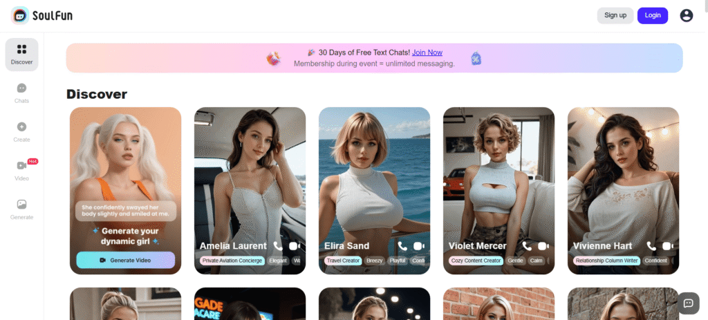 Page d'accueil de l'AI girlfriend app Soulfun AI