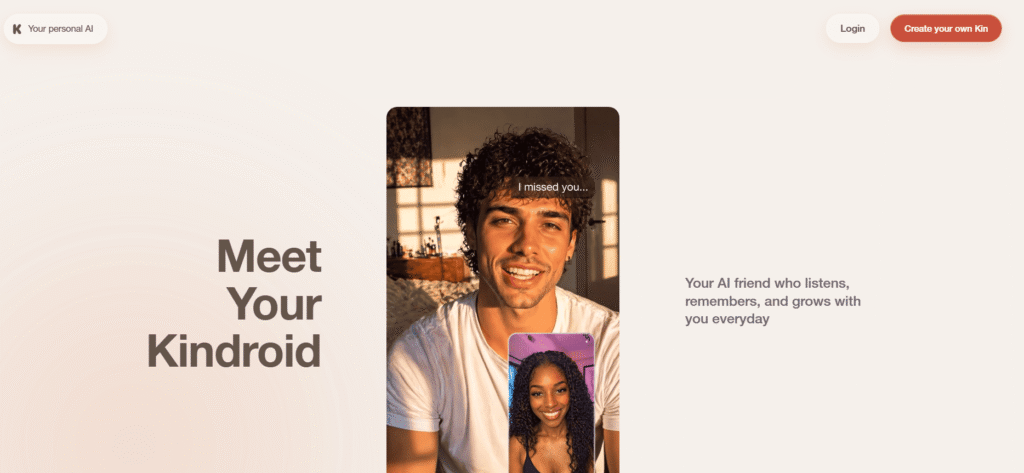 Page d'accueil de l'AI girlfriend app de Kindroid