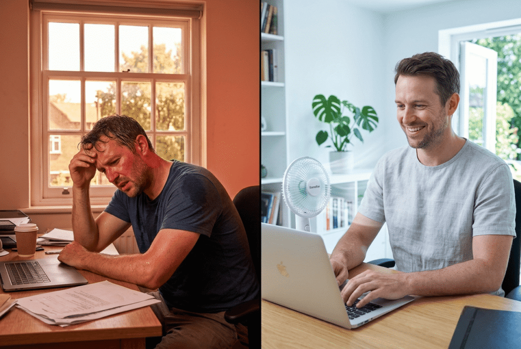 Comparaison avant après l'utilisation d'un ventilateur de bureau pour travailler au frais.