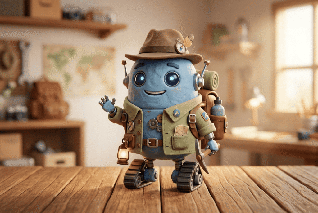 Avatar de petit robot aventurier en 3D amusant, une illustration idéale créée par un générateur d'image ia gratuit.