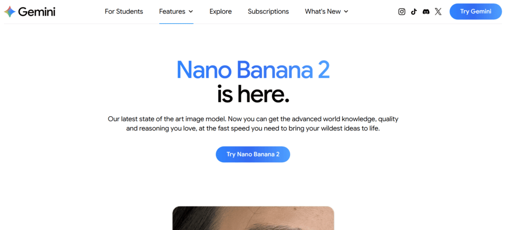 Page d'accueil de Nano Banana 2 sur Gemini