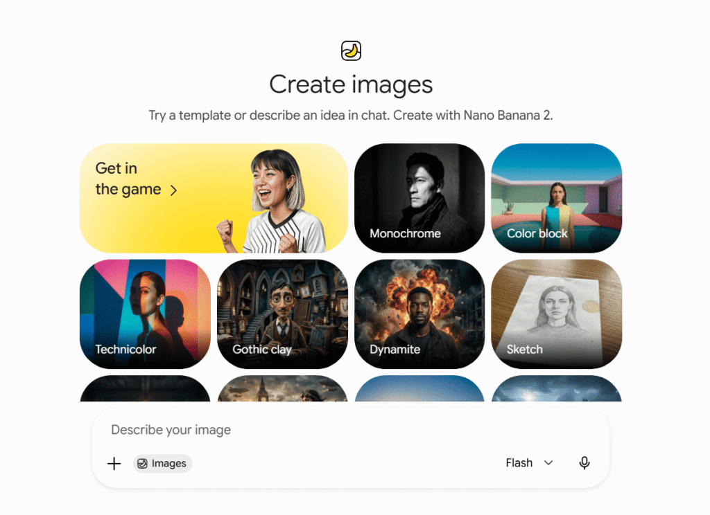 Interface de Nano Banana sur Gemini pour créer des images