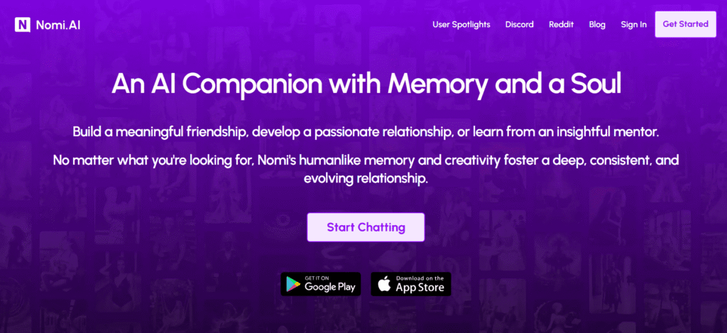Page d'accueil de l'ai girlfriend app Nomi AI