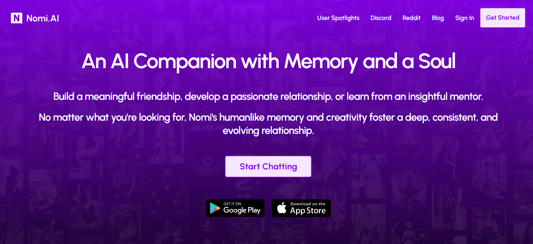 Page d'accueil de l'AI girlfriend app Nomi AI