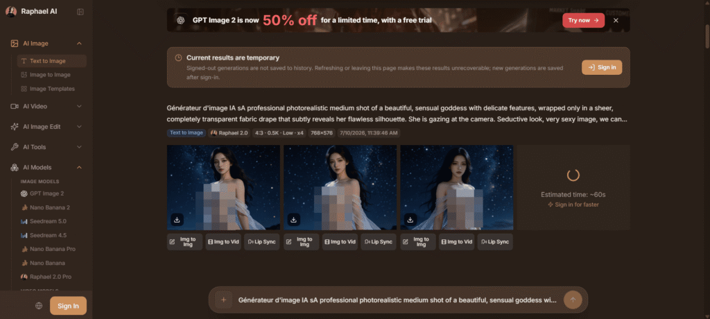 Générateur d'image IA sans censure gratuit : test de Raphael.ai