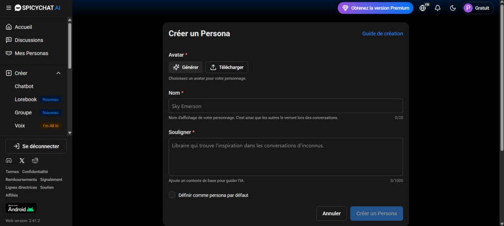 Test de SpicyChat : créer un persona