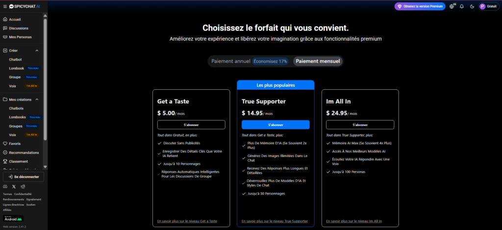 Test de SpicyChat : les différents prix des formules payantes