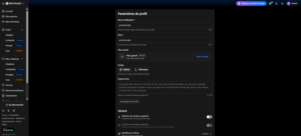 Test de SpicyChat : paramètres de profil, option activer mode NSFW