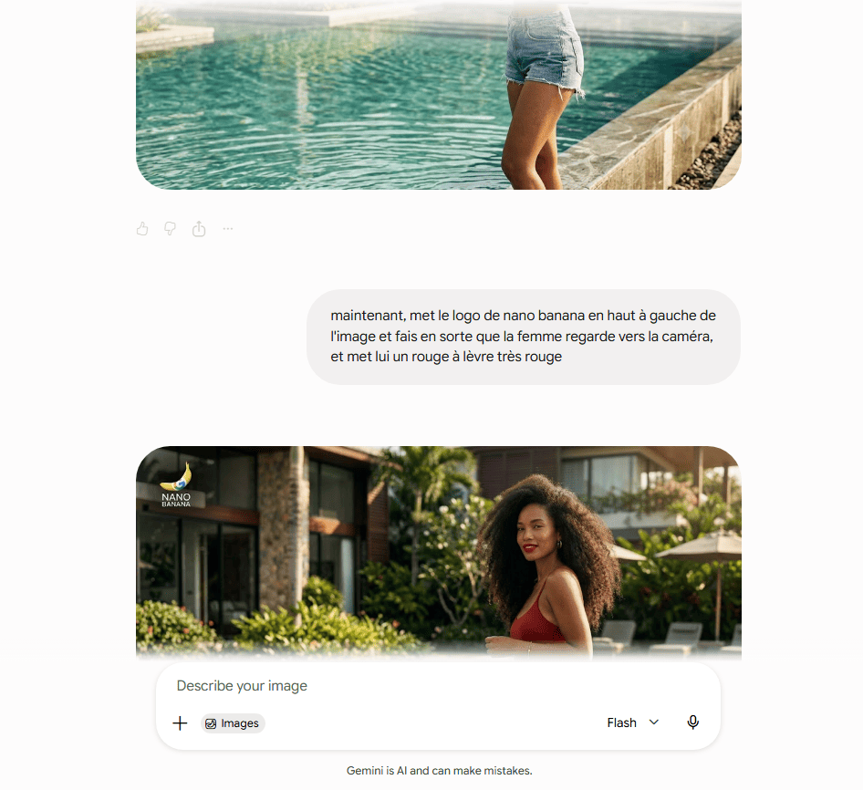 Capture d'écran test de la cohérence des personnages sur Nano Banana via Gemini
