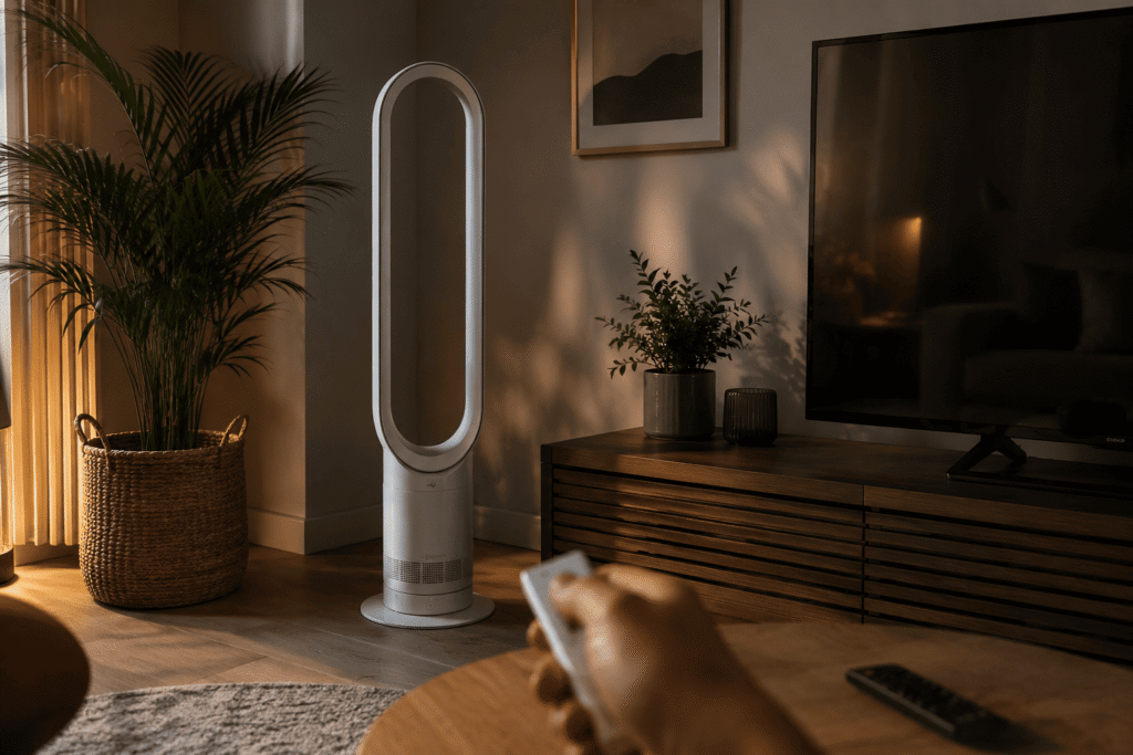 Un ventilateur Dyson design dans un salon chaleureux