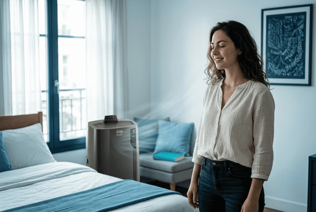Une femme profite du confort thermique et de l'isolation phonique offerts par son nouveau climatiseur mobile silencieux.