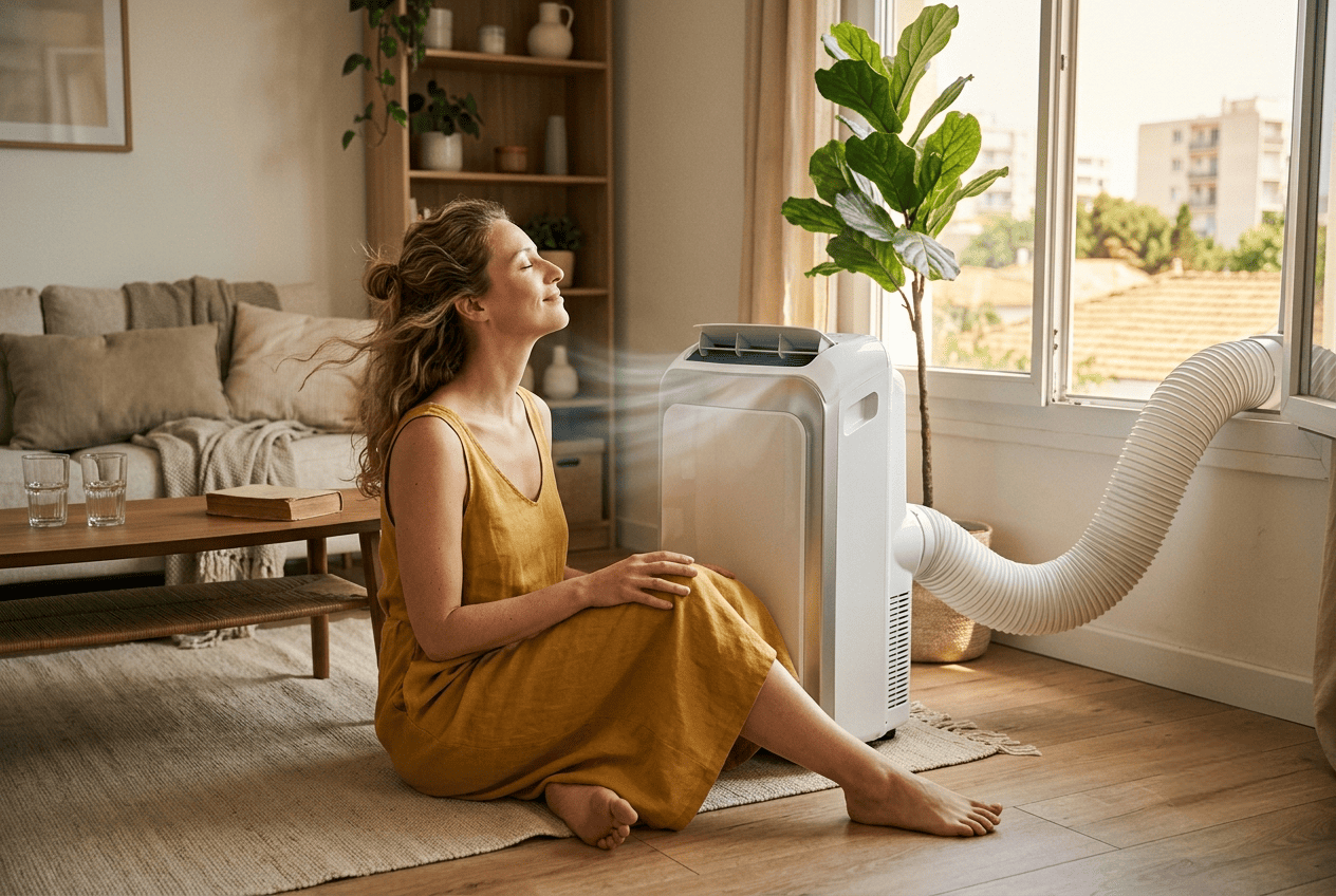 Une femme souriante assise au sol profite de l'air frais diffusé par son climatiseur monobloc mobile dans son salon en été.