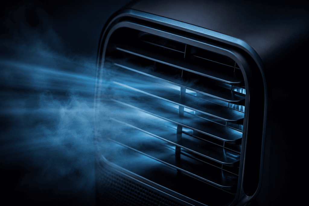 Gros plan sur la grille de ventilation et le flux d'air frais d'un climatiseur mobile silencieux haut de gamme.