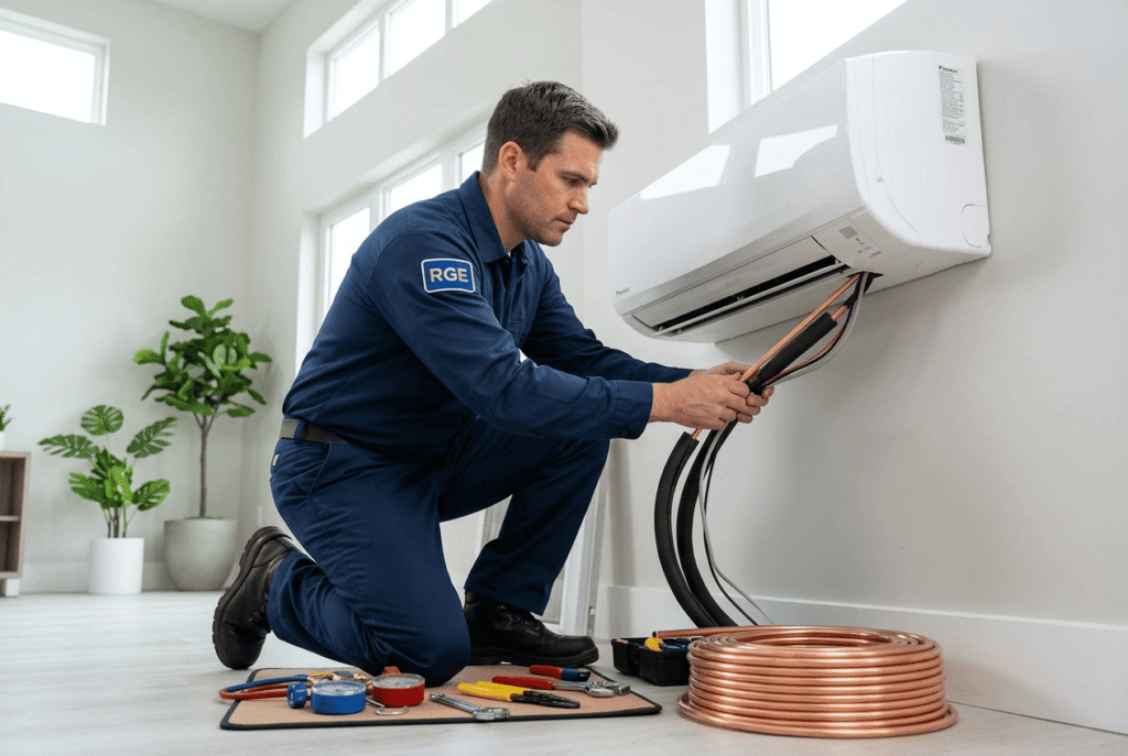 Technicien certifié RGE en uniforme installant les raccords en cuivre d'une unité intérieure de climatisation réversible.