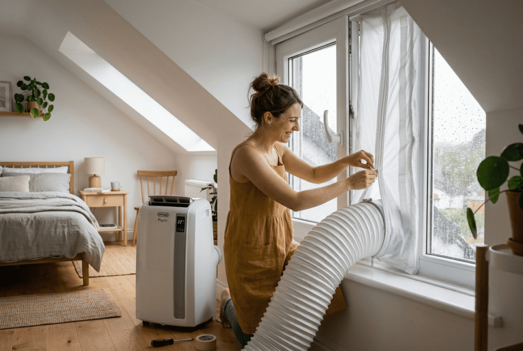 Une femme installe le tissu de calfeutrage et le tuyau d'évacuation d'un climatiseur monobloc sur une fenêtre de chambre.