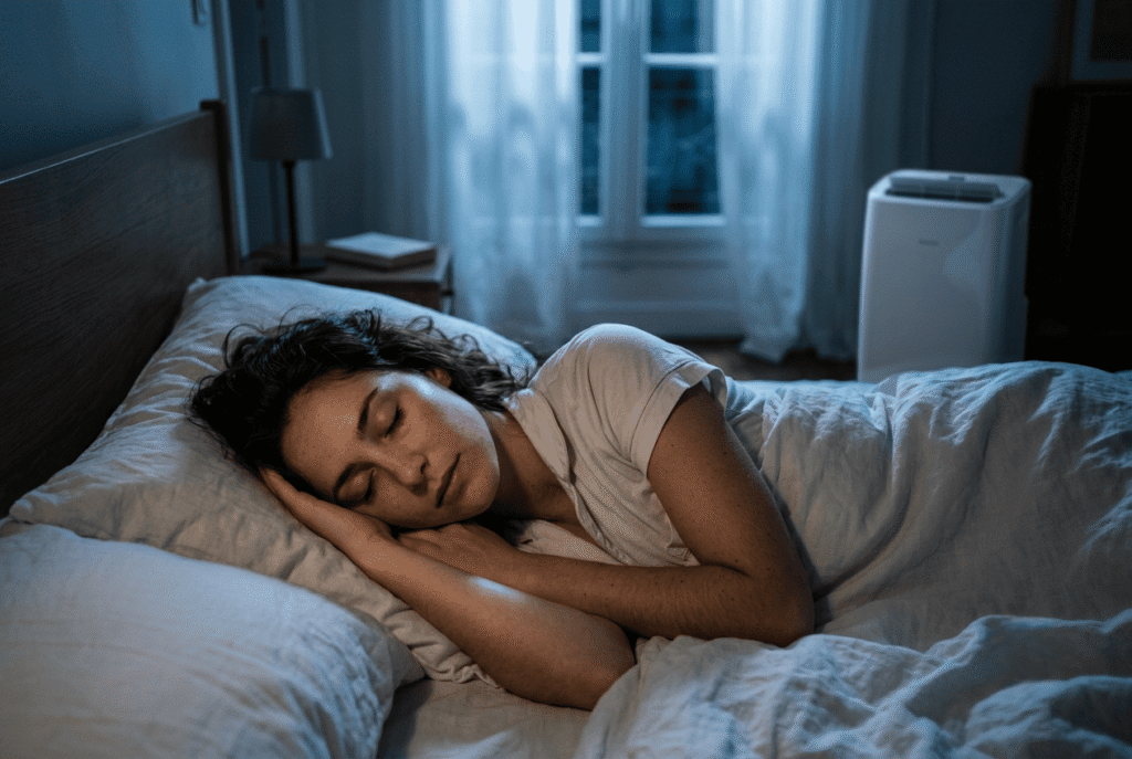 Une femme dort paisiblement dans sa chambre rafraîchie par un climatiseur mobile silencieux durant une nuit de canicule.