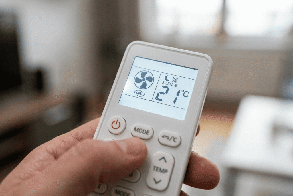 Gros plan sur l'écran d'une télécommande de climatiseur affichant les options Inverter et mode silence pour économies d'énergie.