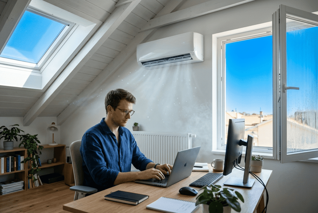 Un homme travaille sur son ordinateur au frais sous un climatiseur monobloc fixe mural installé dans son bureau.