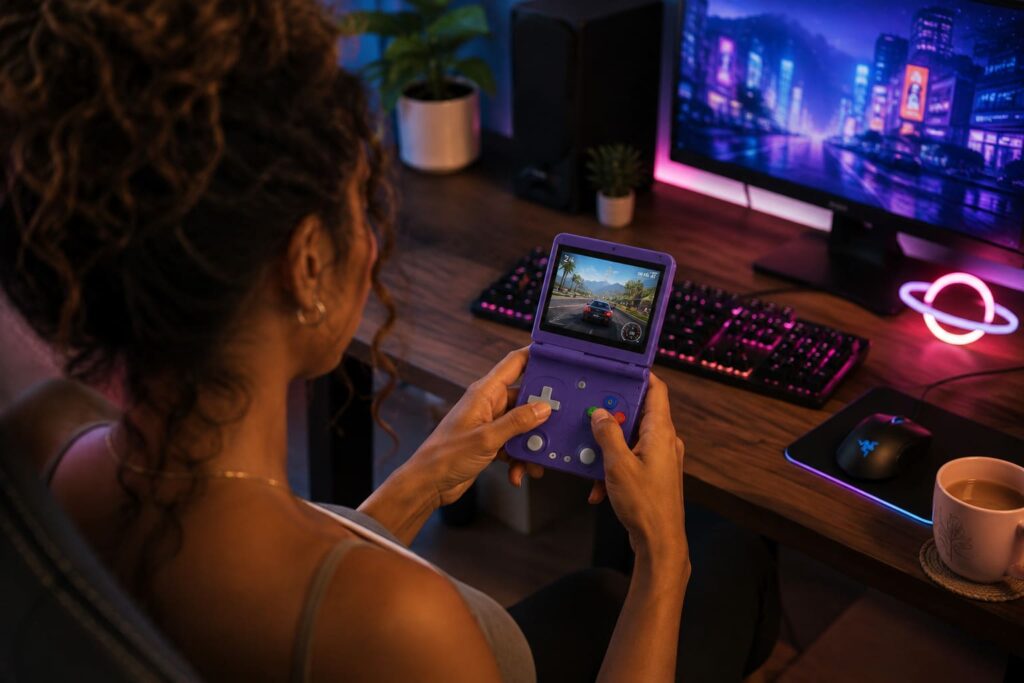 Illustration : la console retrogaming Anbernic RG34XX en train d'être utilisée
