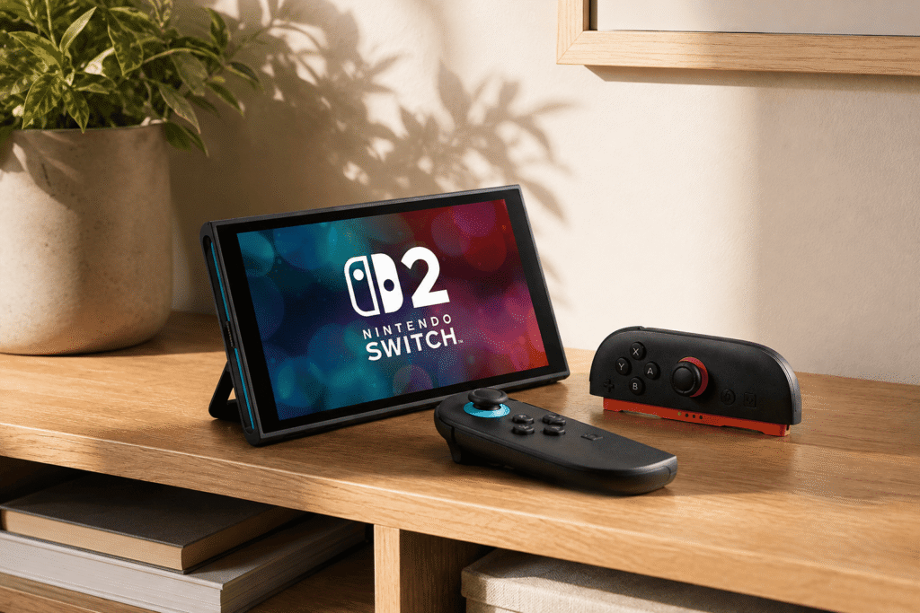 La Nintendo Switch 2 posée sur une table de salon épurée